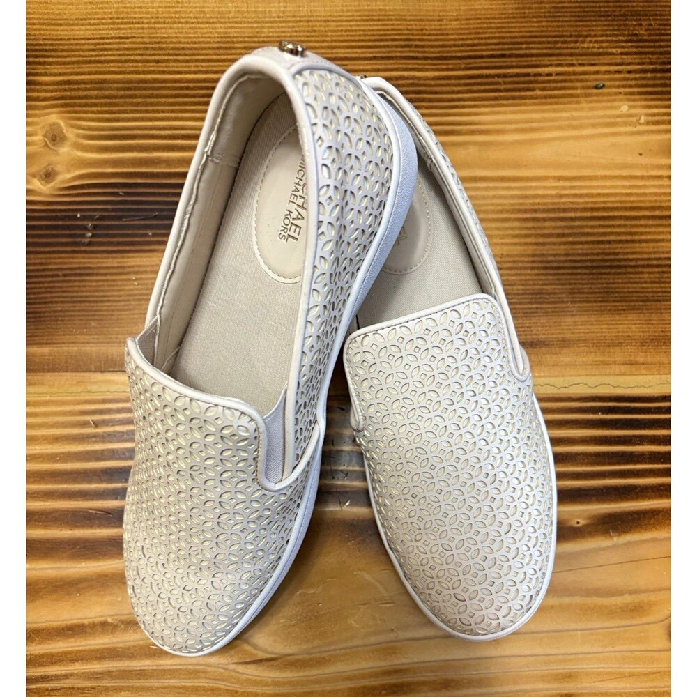 MICHAEL Michael Kors Women's White Slip-On Flat with Logo Accent, US 8